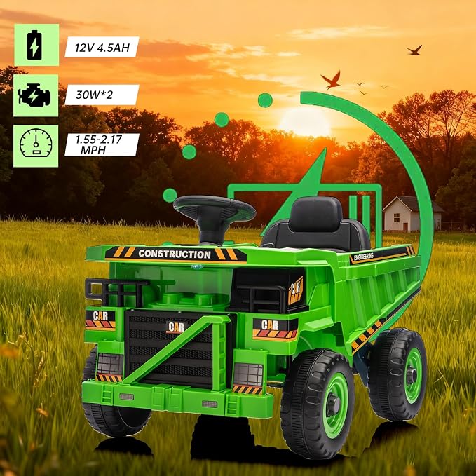 12V Ride On Dump Truck Kids Ride On Car for Kids, Battery Powered Electric Car with Remote Control, Electric Dump Bed, Wear-Resistant Tires, 4 Wheels Tractor Ride On Toys, Green