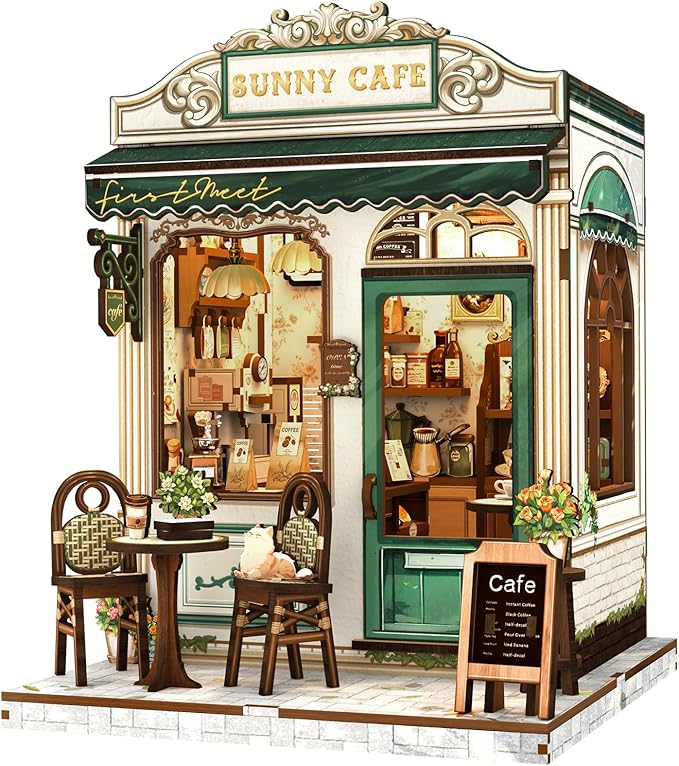 Fsolis Book Nook Kit - 3D Wooden Puzzles for Adults DIY Miniature Coffee House Booknook Gifts for Women Puzzle Lovers (Sunny Cafe)