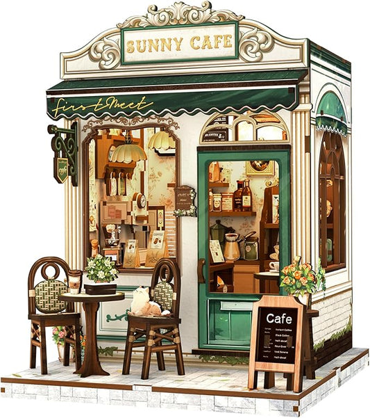 Fsolis Book Nook Kit - 3D Wooden Puzzles for Adults DIY Miniature Coffee House Booknook Gifts for Women Puzzle Lovers (Sunny Cafe)