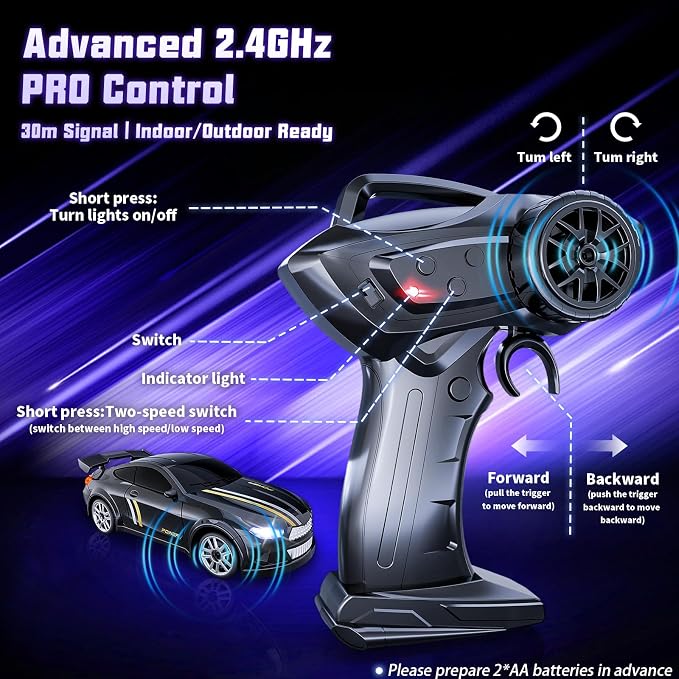 Mini RC Car 1:64 Scale, Remote Control Car with LED Lights & 2-Speed Modes, 2.4GHz RC Drift Car Toys with 4 Obstacles & Track Mat, Hobby Gift for Kids & Adults, Black