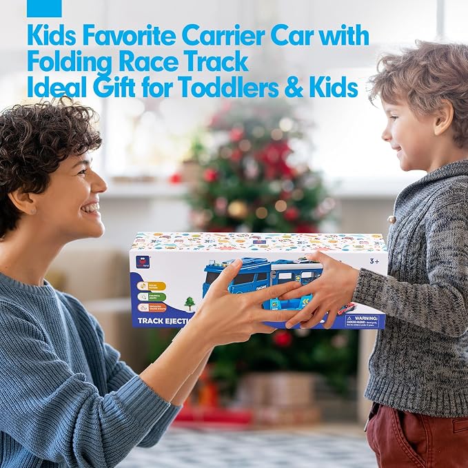 hahaland Toys for 3 Year Old Boy Gift - 2 in 1 Car Carrier Transforms into Race Tracks Toys with Dual Launcher Truck for Kids Ages 3-5 - Car Sets for Boys 3 Year Old Boy Gifts