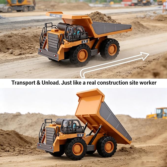 RC Dump Truck Toy, Remote Control Construction Truck with Bed Lift/Lower, 4WD Heavy Duty Sand Toy with 2 Batteries, Best Birthday Gifts for Boys 3-5 4-7 8-12 Year Old