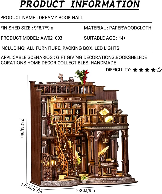 Roroom DIY Miniature House Kit, Dreamy Book Hall Book Nook Kit | Wooden 3D Puzzles for Adults with LED, Bookshelf, Desk and Bedside Room Decor, Relaxing Craft Project, Creative Gift