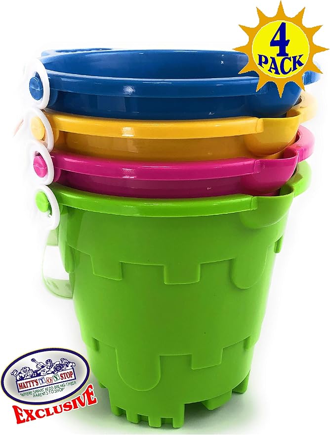 Matty's Toy Stop Beach Gear 7" Plastic Castle Mold Sand Buckets (Pails) with Easy Pour Spout and Handle Blue, Pink, Green & Yellow Party Set Bundle - 4 Pack
