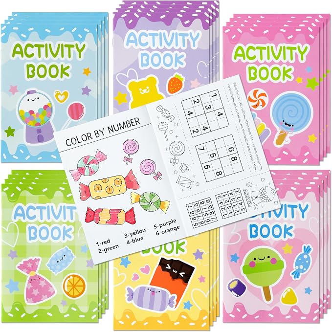 Candy Activity Books for Kids - 24Pc Coloring Book Set with Mazes, Word Scramble Games & Mini Books for Birthday Party Goodie Bags & School Classroom Favors