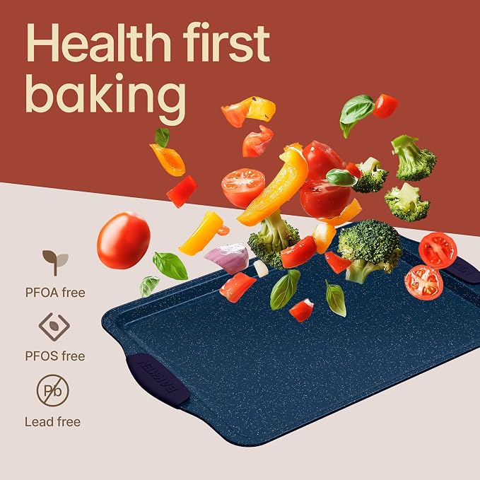 BAKKEN Kitchen Baking Pan Set - Nonstick Coating, Carbon Steel Bakeware Sets with Blue Silicone Handles, Baking Kitchen Essentials, PFOA, PFOS, PTFE Free, Oven Safe Tray (Up To 450° F), Set of 10