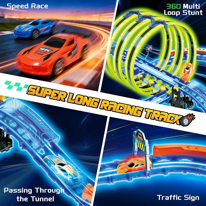 Glow Toy Car Race Track Set, 71 Pcs Glow-in-The-Dark Tracks for Kids Ages 3-8, Electric Speed Car Light-Up Whole Slot Track, Track-Building with 360° Magic 3 Loops, 1:64 Scale Vehicle, Boys Girls Gift