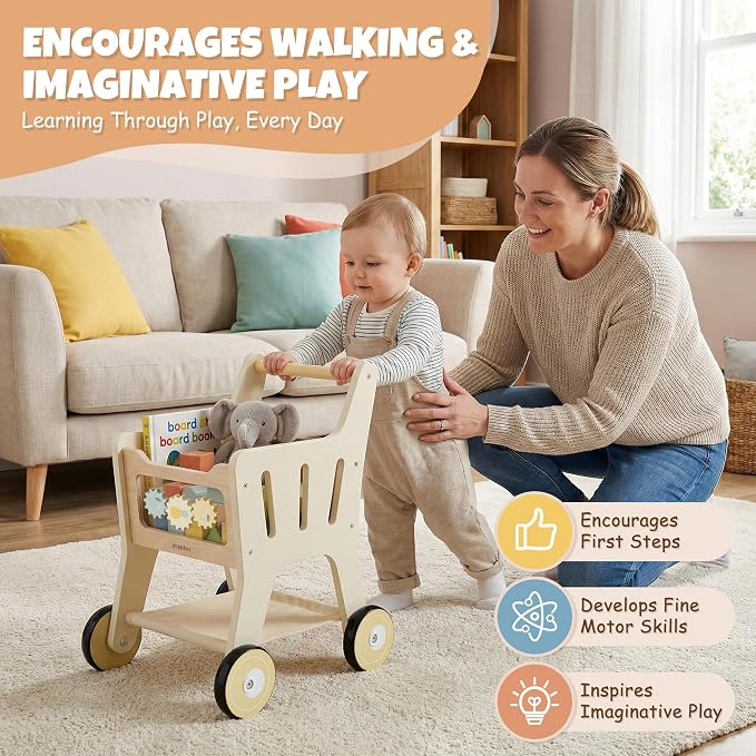 Pithfor Wooden Shopping Cart for Kids, 3 in 1 Wooden Baby Push Walker, Baby Doll Stroller, Toy Shopping Cart for Toddlers 1-3