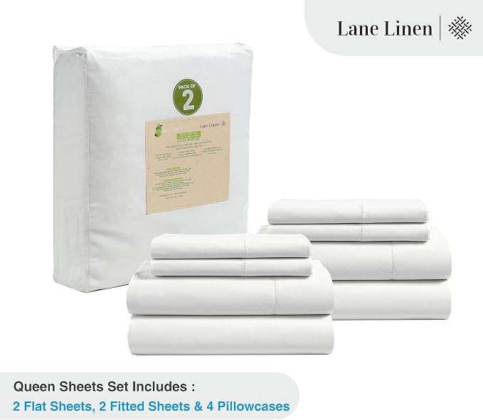 LANE LINEN Queen Sheets 100% Organic Cotton 8pc Percale Cooling - White | Queen Sheet Set, GOTS Certified Organic Cotton Percale - Best-Value Organic Cotton, Affordable Organic Luxury