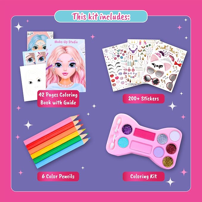 BSCOOL Make-up Artist Kit - 2 Sets Pretend Play Makeup & Sticker Coloring Book, Includes Palette, Brushes, Pencils & 200+ Stickers, Girls Beauty Toy Ages 5+