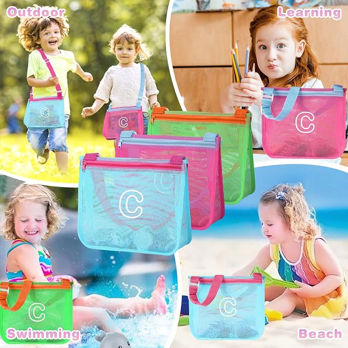 3Pcs Personalized Kids Beach Shell Bag, Initial Seashell Mesh Zipper Beach Pouch, Shell Collecting Bag for Holding Shells with Adjustable Straps, Sand Toys Swim Pouch Gift for Girl Boy Teens(Letter C)
