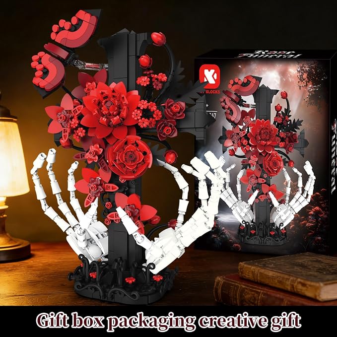 Gothic Decor Gothic Cross with Skull Hands Building Set – 8+ Halloween Decor, Bone Hands Holding Flower Cross & Butterfly, Home Office Shelf Accent, Valentine’s Day Gift for Adults(901PCS)