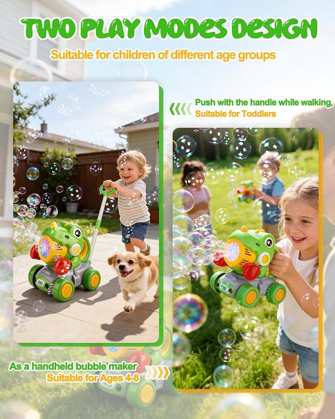 2PCS Dinosaur Bubble Lawn Mower for Toddlers, Rechargeable Automatic Bubble Blower with Lights,Handheld and Push 2 in1 Bubble Blower for Kid, Perfect for Party Favors and Activities for Girls and Boys