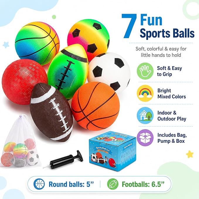 Soft Balls for Toddlers Kids 1-3 3-5, Easy to Grip 5" Small Balls 7 Pack, Mini Football Soccer Basketball Playgroundball - First Birthday Gift Baby Toys for Boys Girls