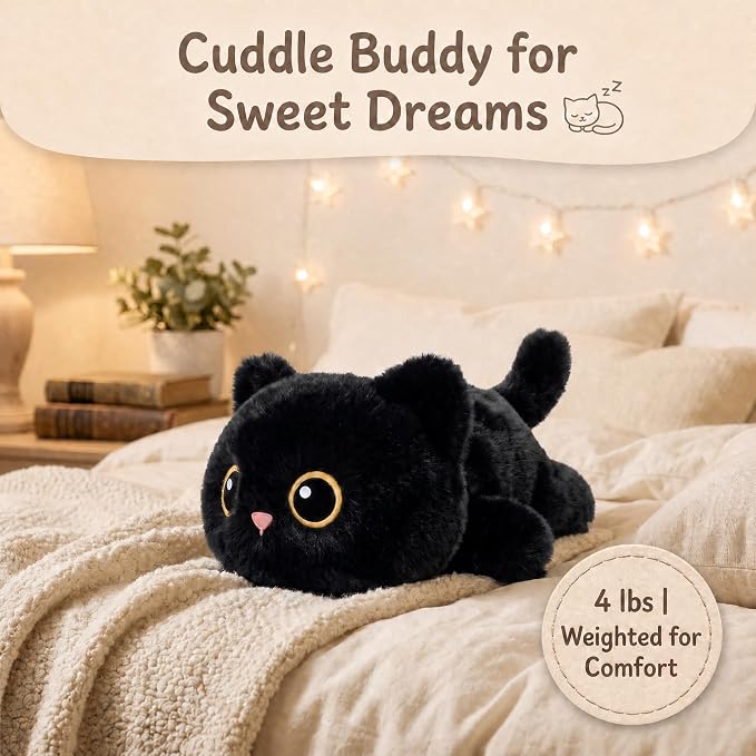 Weighted Cat Stuffed Animal, 20-Inch, 4 lbs Black Cat Plush, Cuddly Soft Plushie Pillow Gift for Kids & Adults