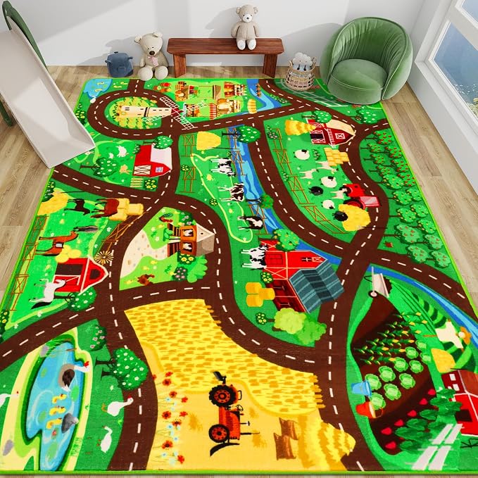Kids Car Carpet,3'3" x 4'11" Car Rugs for Kids Toy Cars,Non-Slip Farmhouse Road Rug for Kid,Kid Room Race Track Rug,Pasture Track Mat Car Play Rugs for Playroom Bedroom Boys(for Age 2+)