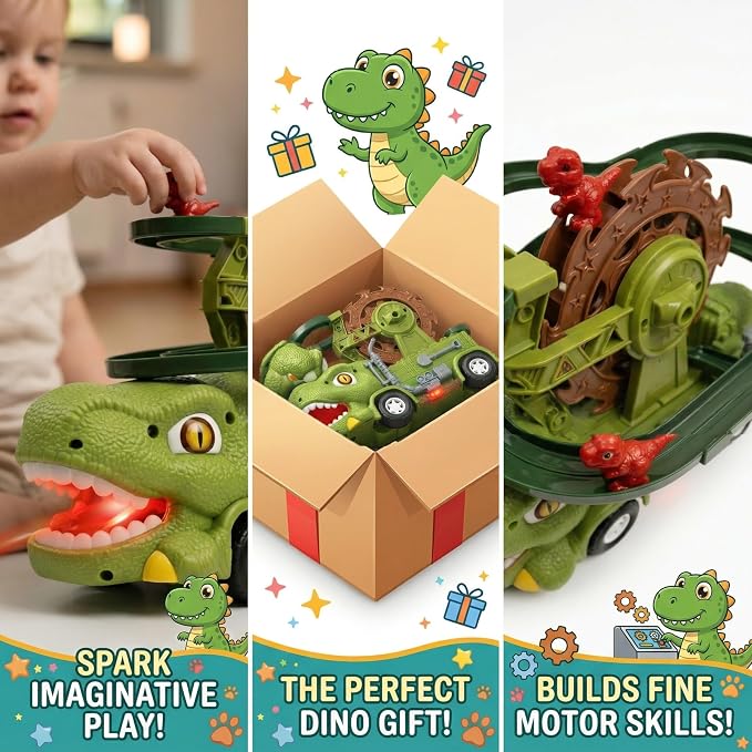 Dinosaur Truck Toy For Kids Ages 3 4 5 6 7 8, 3-in-1 Dinosaur Truck, 3 Sliding Little Dinos On Tracks , & Glow in Dark Mode. Includes Obstacle Detection For Continuous Play And Endless Adventure.