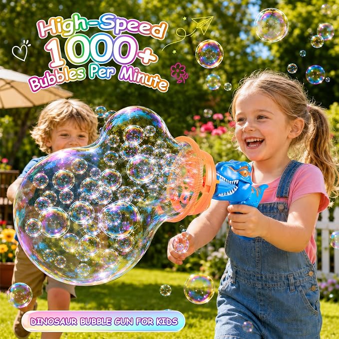 Dinosaur Shaped Bubble Gun for Kids - Blows Over 1000 Bubbles per Minute & Creates Giant Bubbles, Birthday, Christmas & Easter Gift for Boys & Girls Ages 3-9 (Blue)