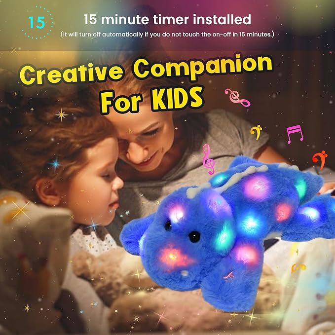 Hopearl LED Musical Stuffed Dinosaur Lighting Up Singing Soft Floppy Plush Toy Adjustable Volume Lullaby Animated Soothe Birthday Gifts for Kids Toddlers, Blue, 12.5''