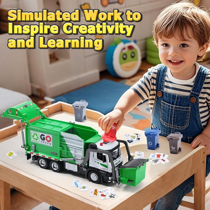 HOLYFUN 12'' Electric Garbage Truck Set with Front Loader/Metal Cab, Friction-Powered Recycling Vehicle with Dumpster, 4 Trash Bins & Sorting Cards, Trash Truck Toy with Lights/Sounds for Kids