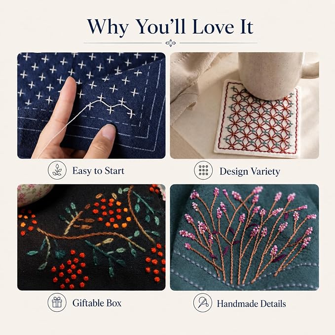 TMEGMIC Sashiko Embroidery Kit for Beginners, DIY Hand Stitching Coaster Making Craft Kit, Makes 10 Pcs in 4 Patterns (DIY Material Kit Only)
