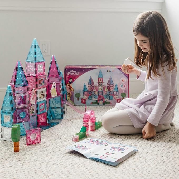 Disney Princess Toys Magnetic Tiles Castle Set - 172-Piece STEM Building Toy with Ariel, Moana, Snow White, Tiana & Rapunzel Characters, Marble Run Slides, Disney Toys for Girls Ages 3+