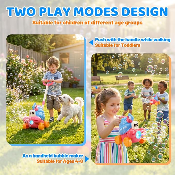 Crab Bubble Machine for Kids,Handheld or Push Bubble Maker Blower,Bubble Lawn Mower W/Lights,Outdoor Toys Birthday Gift for Toddlers Boys Girls 3 4 5 6 Years Old (USB Rechargeable)