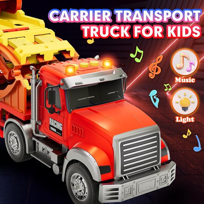 Truck Car Toys for 3, 4, 5, 6, 7, 8 Years Old Kids, Carrier Truck Race Track Toys, Foldable Transport Car Toys with Foldable Race Tracks and 6 Metal Cars, Birthday Gifts for Toddler Boys Girls (Red)