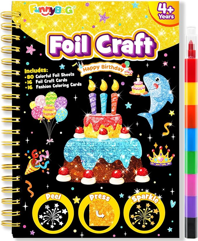 FUNNYB&G Foil Art Craft Kit for Kids 4-10 Years Old: Mess-Free & No-Glue, Create 16 Sparkly Happy Birthday Pictures – Perfect Travel Toy & Birthday Gift for Kids（Happy Birthday）