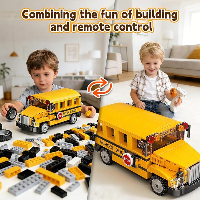 STEM Building Toys for 6 7 8 9 Years Old, 226PCS Remote Control RC School Bus Engineering Construction Kit, Educational Learning Blocks Set, Christmas Birthday Gift for Boys Girls Ages 8-12