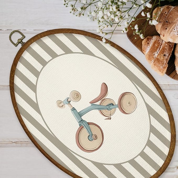WULQYING Vintage Tricycle Boy Nursery Wall Art Decor, Kids Oval Framed Canvas Art Prints, Neutral Striped Tricycle Wall Hanging Decor for Kids Boy Nursery Room Playroom, 8.5x11.4 Inches