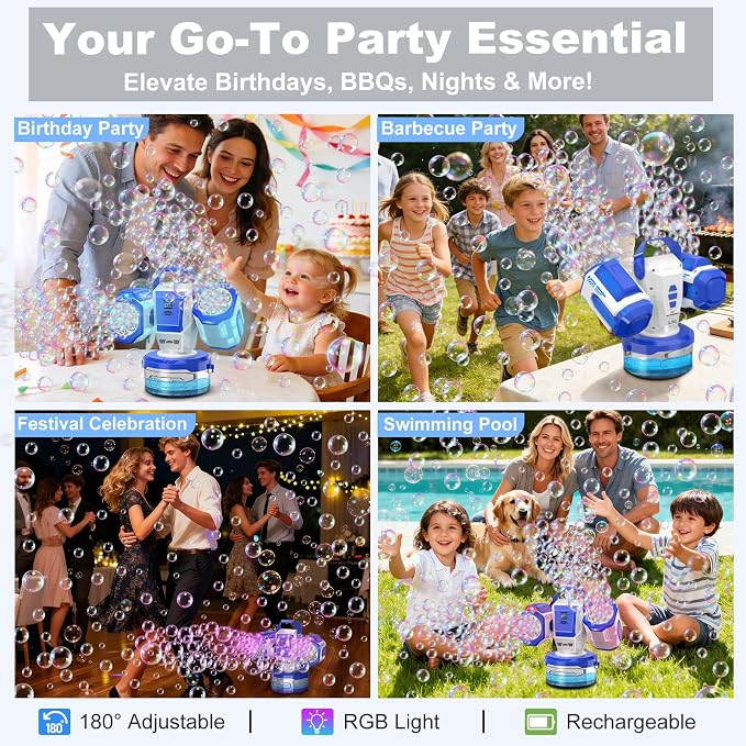 Rechargeable Bubble Machine with Remote Control: 30,000 Bubbles/Min, Type-C, Auto 360° Rotation Bubble Blower with RGB Lights - Creates Magic for Kids Parties, Birthday, Weddings, Outdoor Events
