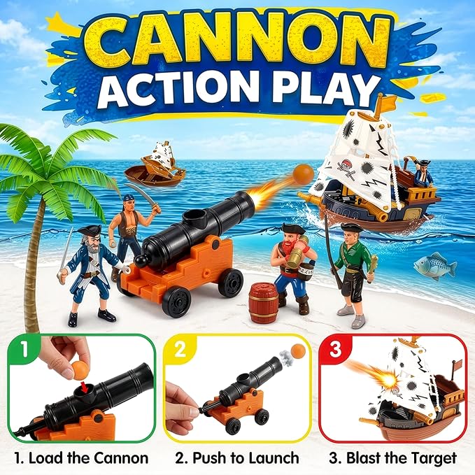 Liberty Imports Bucket of Pirate Action Figures Toys Playset with Pirate Ship, Boat, Treasure Chest, Cannons, Shark for Kids Imaginary Pretend Play