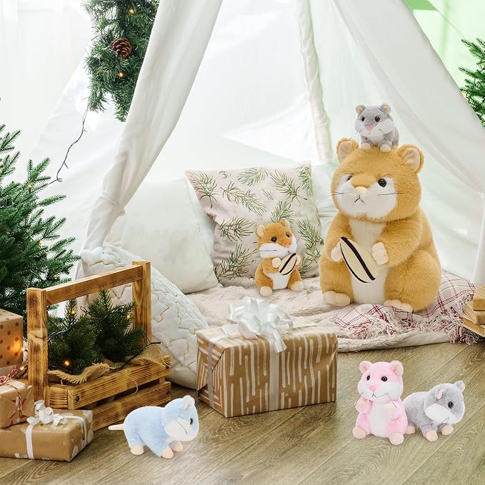 MorisMos Realistic Hamster Stuffed Animal with 4 Surprise Squeaky Babies - 13" Mama Plush Hamster Toy for Kids Girls Boys Birthday Christmas, Educational Family Role Play Gift for Birthday Christmas