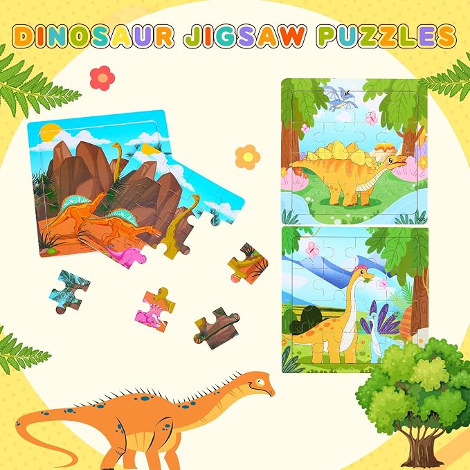 SANNIX 12 Pack Dinosaur Wooden Jigsaw Puzzles with 12 Organize Bags, Dinosaurs Animals Toddlers Puzzles for Kids Ages 3 4 5, Party Favors Educational Learning Travel Toys for Boys Girls