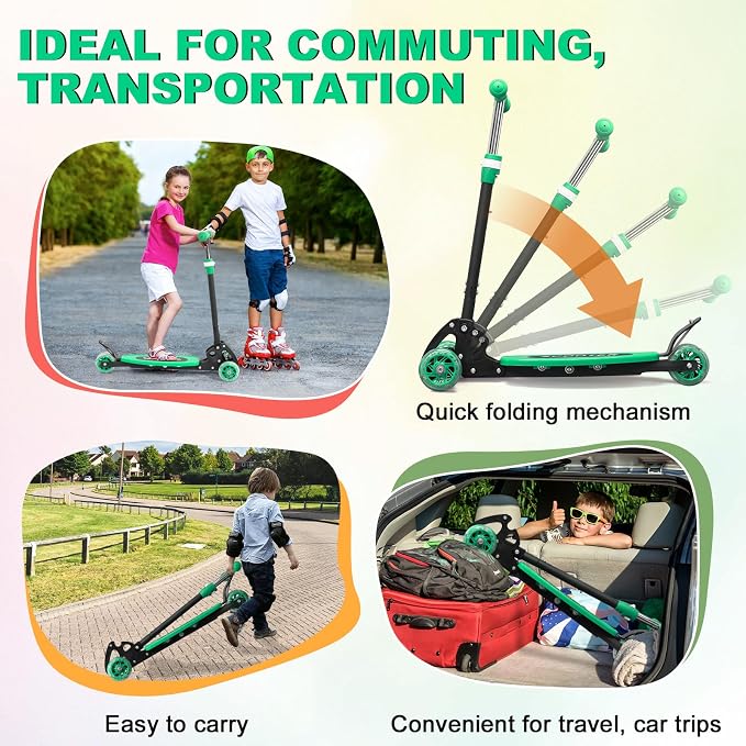 Scooter for Kids 3-5 5-7,Light up 3 Wheels Kick Scooter,Heavy Duty Folding Lean-to-Steer Scooters with 3 Adjustable Handlebar for Boys Girls,Widen Anti-Slip Deck,Rear Break,Holds up to 150Lbs