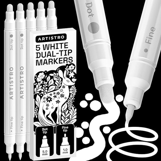 ARTISTRO 5 White Dual-Tip Acrylic Paint Markers – Paint Pens Set with Dot & Fine Tips for Fabric, Rock, Glass, Wood, Coloring Books – Arts & Crafts Gift – Classroom Must Haves & School Supplies