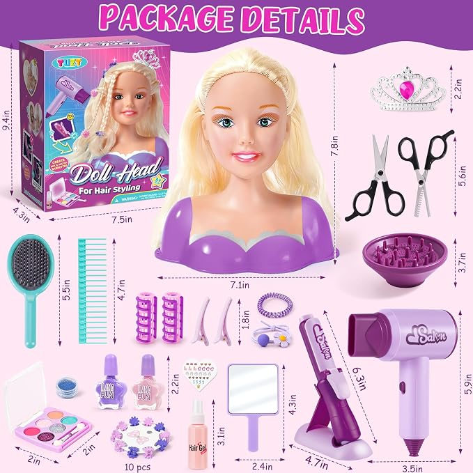 TUZT Doll Head for Hair Styling Kids, Hair Salon Toys & Real Makeup Nail Polish, Kid Beauty Hair Stylist with Hairdryer Curling Iron, Birthday Gift for Girl 3 4 5 6 7 8 9 10 Year Old