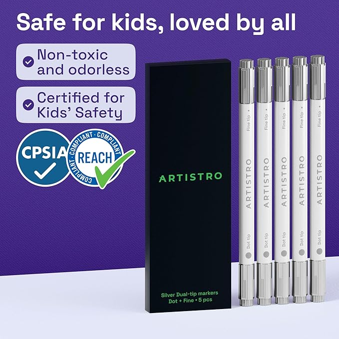 ARTISTRO 5 Silver Dual-Tip Acrylic Paint Markers – Paint Pens Set with Dot & Fine Tips for Fabric, Rock, Glass, Wood, Coloring Books – Arts & Crafts Gift – Classroom Must Haves & School Supplies