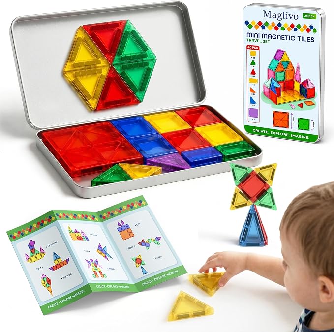 Mini Magnetic Tiles Travel Set 40 Pcs, Our is W/1 Bigger Tile, Mini Magnetic Tiles with Case for Kids- Travel Magnetiles-Magnet Tiles Travel Set