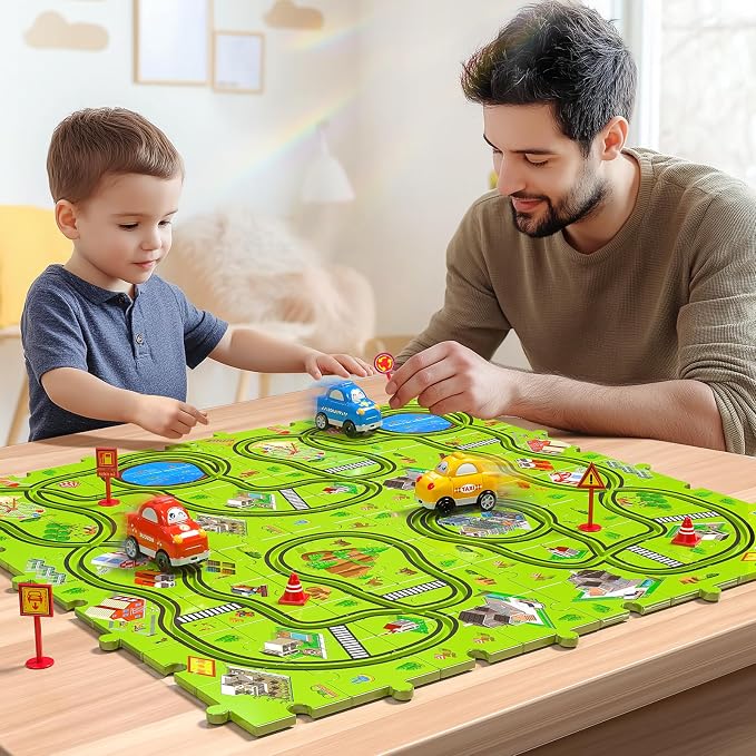 JUKUDAHU 64 Pieces Puzzle Race Track Car Set Toys for 3 4 5 6 Year Old Boys - Puzzle Tracks Car Toys for Kids Ages 3-5 with 3 Sliding Toy Cars, City-Themed, Birthday Gifts for Toddlers 1-3 2-4 4-6