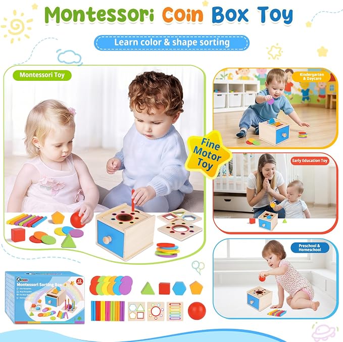 FCSONU Toddler Montessori Toys for 1 2 3 Year Old, 3in1 Shape Sorter For Toddlers 1-3 Fine Motor Skills Toys, Drawer Coin Box Color Sorting Toys Sensory Toys, Christmas Birthday Gifts for Boy Girl Kid