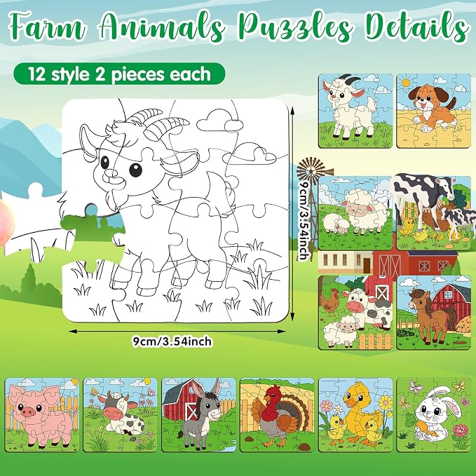 Realspring 24 Pack Farm Animal Color Your Own Jigsaw Puzzles for Kids 3-5, 4-6, 6-8, Coloring Crafts DIY Paper Puzzles Party Favors Gifts for Toddler Children Learning Education Toys