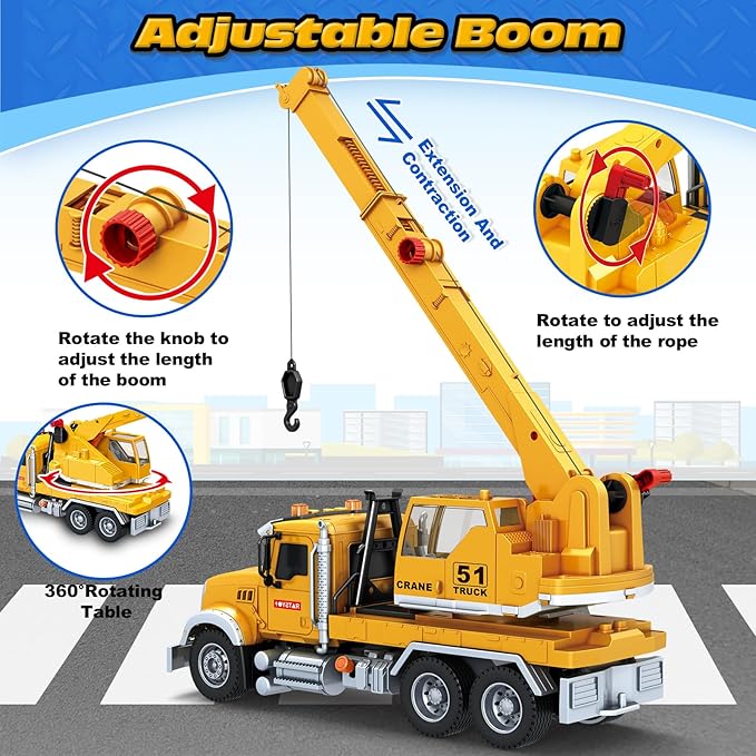 Bstoyder Kids Toys for 3 4 5 6 7 8 Years Old Boys, 15" Crane Truck Toy with Lights, Sounds, Toddler Friction Powered Truck Vehicle Toy for Boys Girls Birthday Gifts