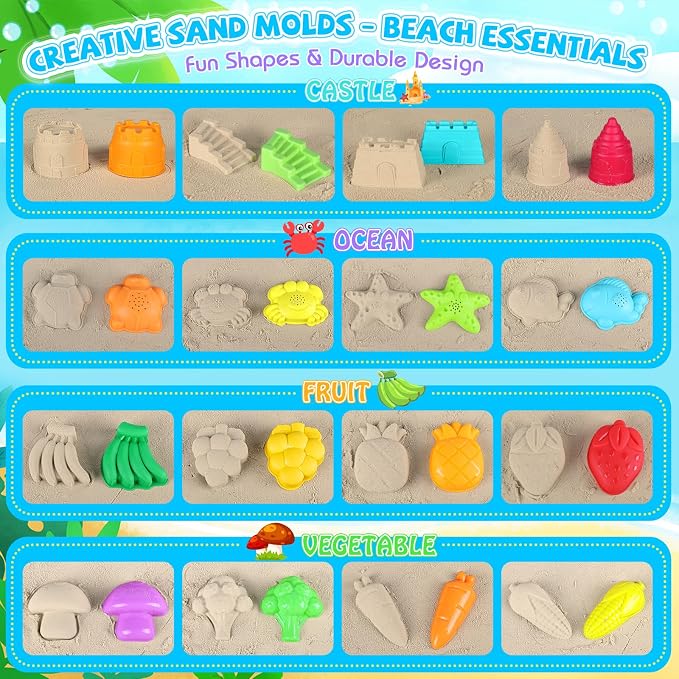 FHOZGECY Beach Sand Toys, 2 Trucks, 2 Collapsible Buckets, Sand Molds, Farm Animals, Upgrade Tools, Mesh Bag, Indoor Outdoor Play Set for Kids Ages 3-12, Multi‑Scene Play for Summer Travel Beach Games