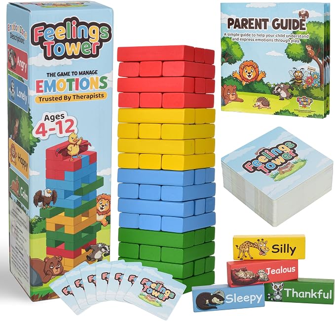 Feelings Tower Therapy Games for Kids & Teens - Social Emotional Learning Toy, 48 Emotion Cards & Animal Stacking Blocks - Play Therapy Toys, SEL & Social Skills Games for Kids, Counseling