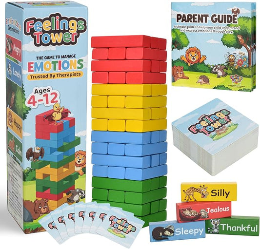 Feelings Tower Therapy Games for Kids & Teens - Social Emotional Learning Toy, 48 Emotion Cards & Animal Stacking Blocks - Play Therapy Toys, SEL & Social Skills Games for Kids, Counseling