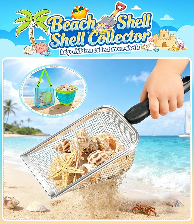 DISHIO Beach Toys for Kids, 24 Pcs Metal Sand Sifter & Collapsible Beach Buckets Set, Stainless Steel Sand Shovel, Sandcastle Building Kit with Mesh Bag, Travel Sand Toys for Toddlers Age 3-10