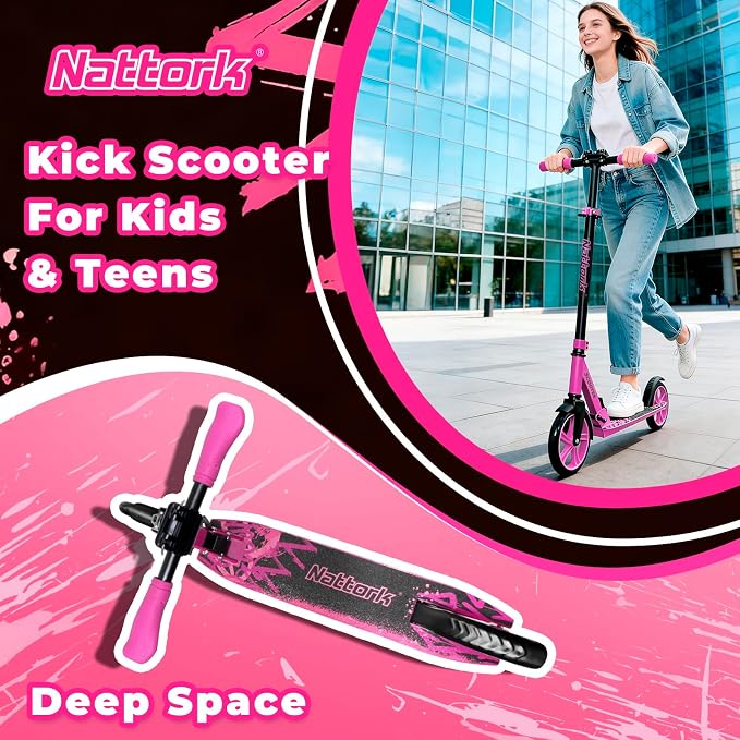 Nattork Scooter for Kids 6+, Teens and Adults- Adjustable Height Folding Kick Scooter with Large Sturdy Wheels for a Smooth Ride, Lightweight, Anti-Shock Suspension for Boys and Girls