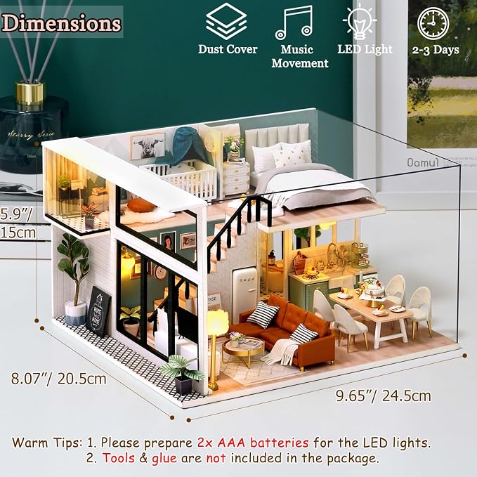 TuKIIE DIY Miniature Dollhouse Kit with Furniture, 1:24 Scale Creative Room Mini Wooden Doll House Accessories Plus Dust Proof & Music Movement for Kids Teens Adults(Comfortable Life)